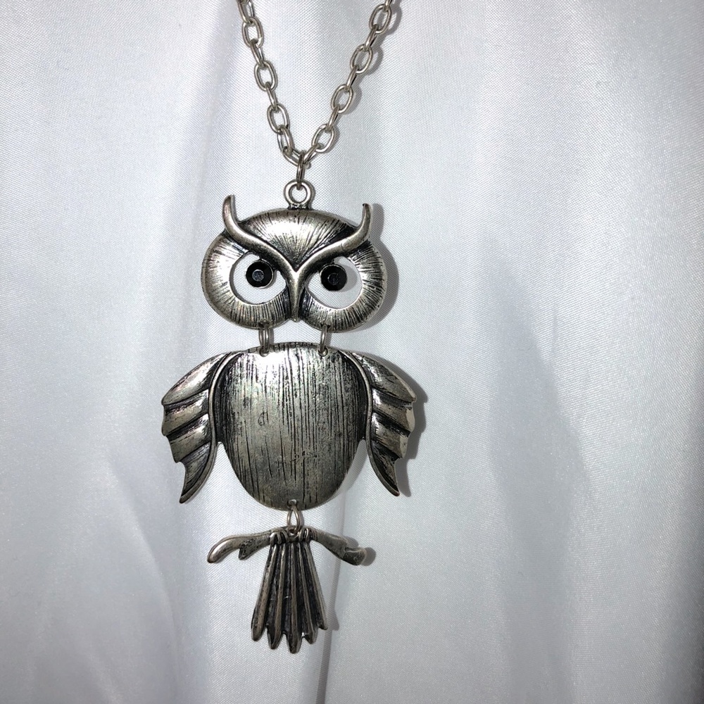 Long Owl Silver Pendant Necklace